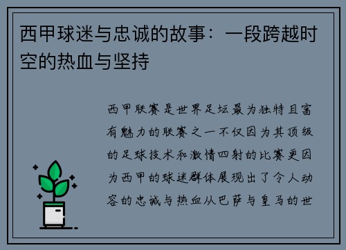 西甲球迷与忠诚的故事：一段跨越时空的热血与坚持