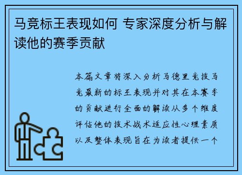马竞标王表现如何 专家深度分析与解读他的赛季贡献